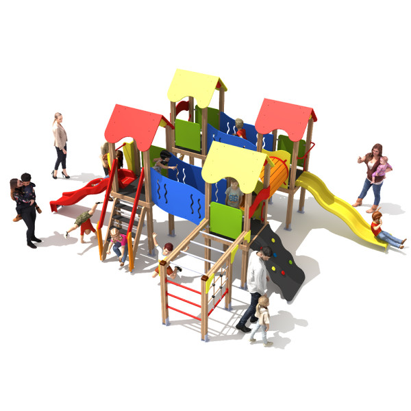 CASTELLO IN LEGNO QUATTRO TORRI CON SCIVOLI CM 671 X 455 X 287 (H)