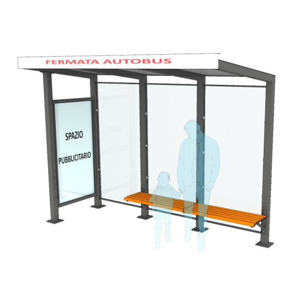 PENSILINA FERMATA AUTOBUS DELUXE IN ACCIAIO TUBOLARE CON BACHECA PUBBLICITARIA DIM CM 308 X 140 X 230 (H)