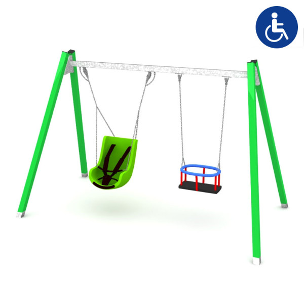 ALTALENA INCLUSIVA IN METALLO CON SEDILE A CESTELLO E SEDIOLONE M 1,80 X 3,15 X 2,30 (H)