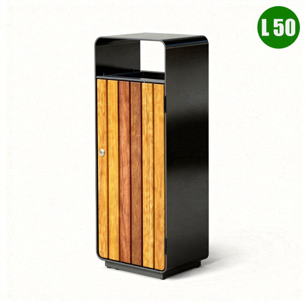 CESTINO PORTARIFIUTI METAL URBAN WOOD CON COPERTURA E DOGHE IN LEGNO BINTAGOR CM 40 X 30 X 95 (H) 50 LITRI