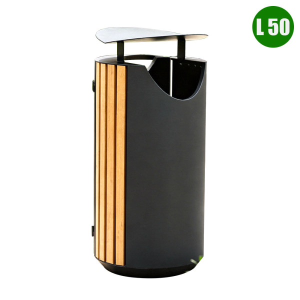 CESTINO METAL PORTARIFIUTI URBAN ROUND CON COPERTURA E DOGHE IN LEGNO DI PINO CM 48 X 48 X 95 (H) 50 LITRI
